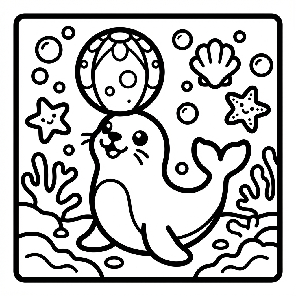Cute seal in a diving helmet, a simple coloring pages with thick lines scene for fat marker coloring pages.